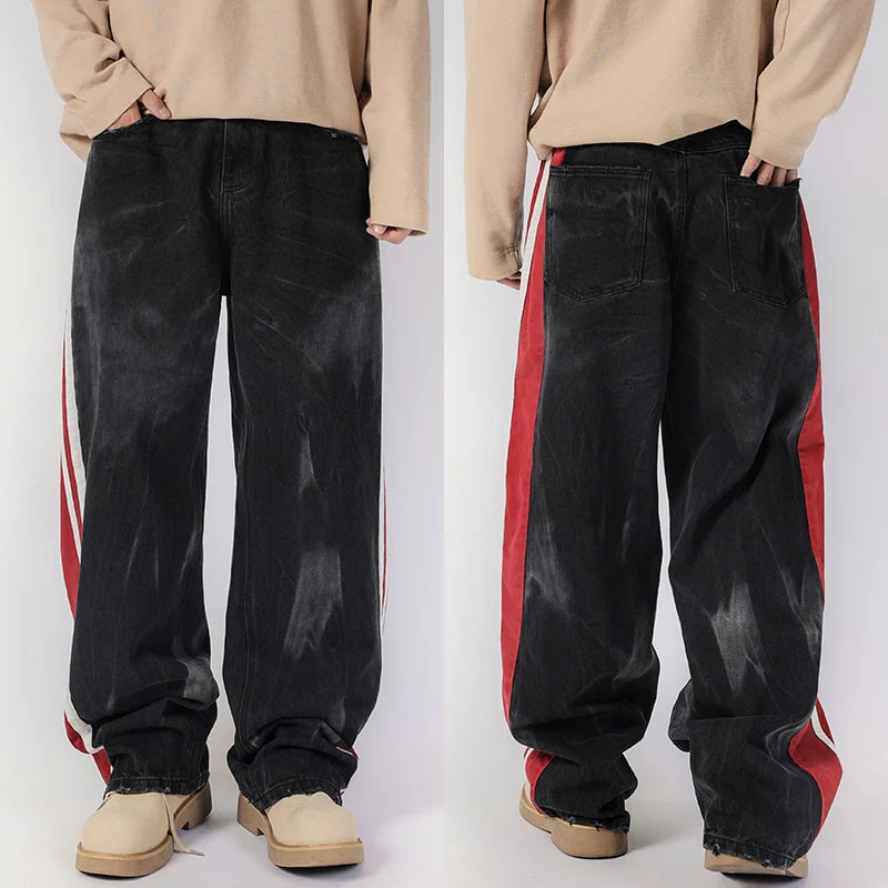 men streetwear fashion side splice hip hop loose casual wide leg straight baggy jeans pant cityboy jeans pants trousers stacked flare jeans