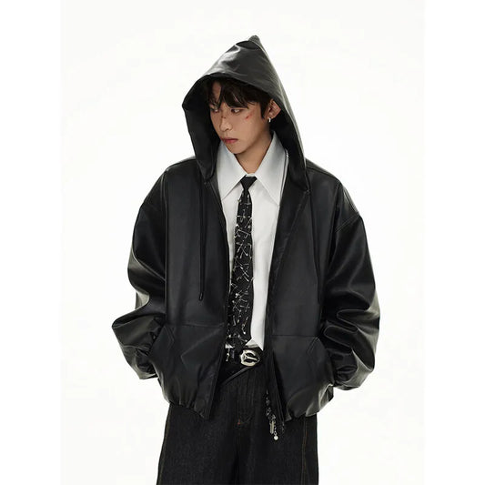 pu leather bomber jacket men streetwear fashion loose casual vintage leather hooded short motorcycle jacket hoody coat outerwear casual urban shorts