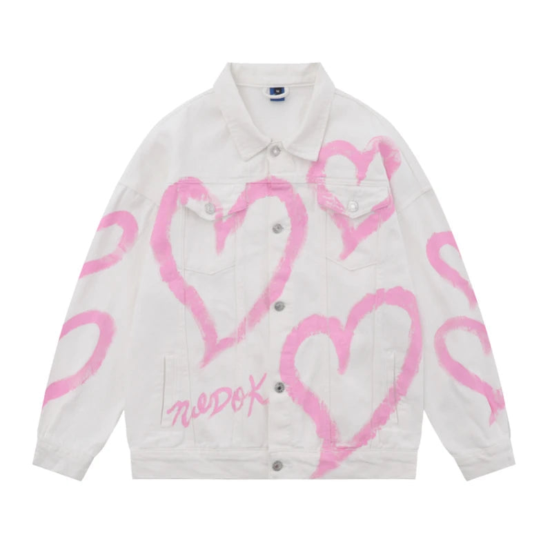 y2k heart graffiti printed denim jackets mens fashion unisex long sleeve coats outerwear hip hop casual streetwear jeans jackets urban skinny jeans