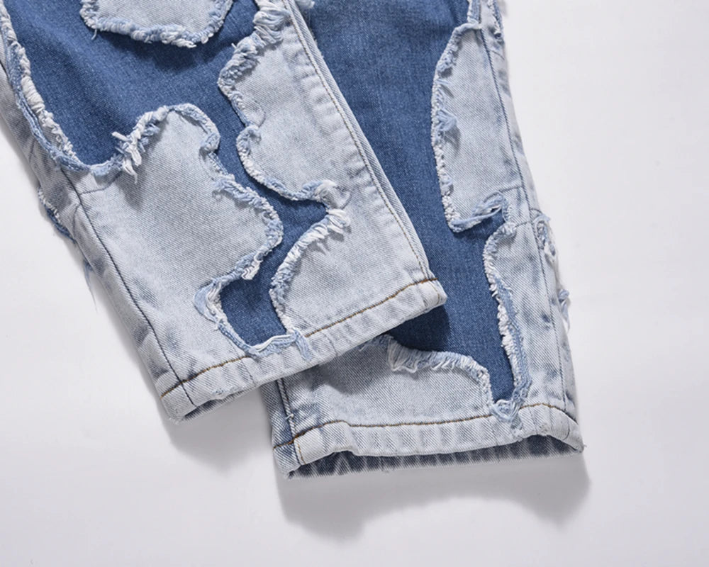 high street vibe style patchwork frayed jeans pants for men retro washed hole ripped casual loose denim trousers oversized unique jeans style 2376