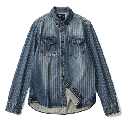 Amekaji VIntage Denim Shirt Men Spring Autumn New Lapel Multi-pocket Blue Striped Long Sleeve Cargo Shirt  Casual Cardigan Tops Street King Limited