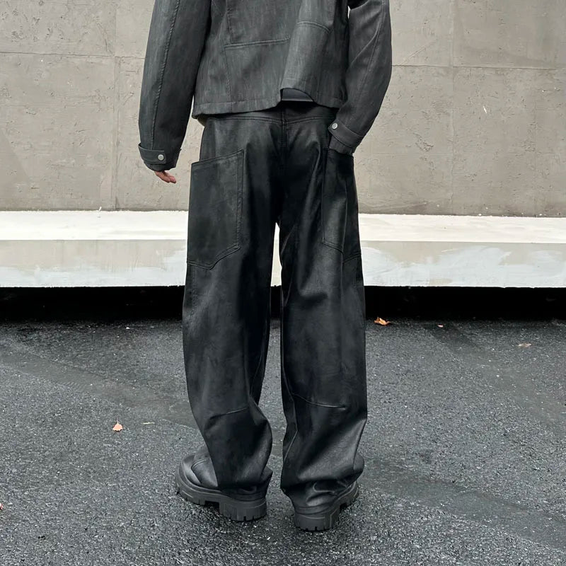 men brand fashion splice pocket loose casual wide leg leather baggy pant cityboy streetwear cargo motorcycle pants trousers military streetwear pants