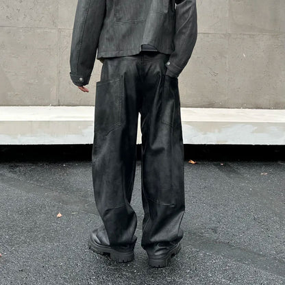 men brand fashion splice pocket loose casual wide leg leather baggy pant cityboy streetwear cargo motorcycle pants trousers military streetwear pants