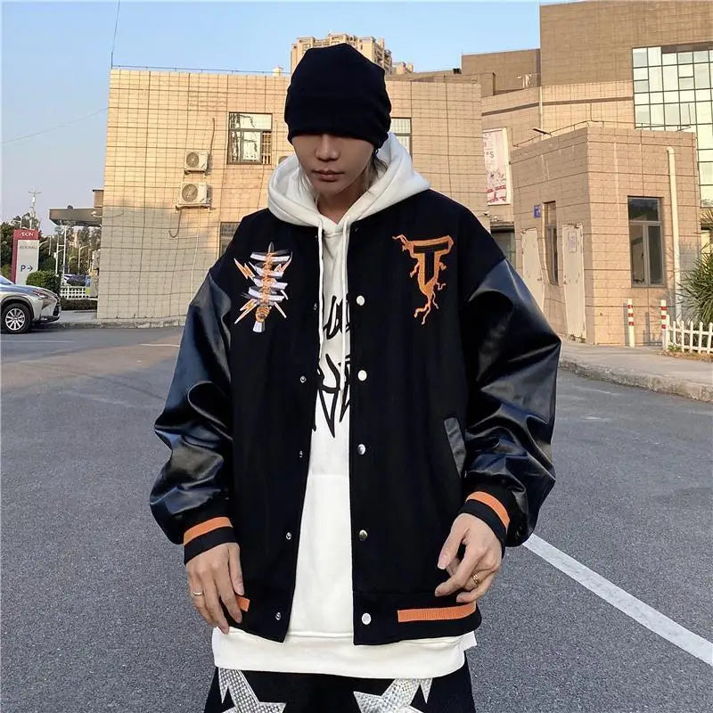 baseball jacket men women patchwork high street retro flocking letter cat coat spring autumn casual loose varsity jackets unisex unique default style 3813