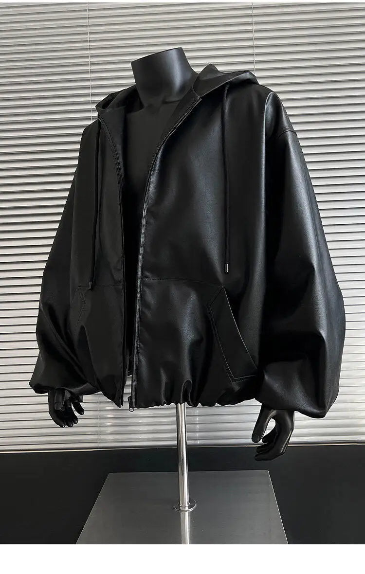 pu leather bomber jacket men streetwear fashion loose casual vintage leather hooded short motorcycle jacket hoody coat outerwear unique shorts style 570