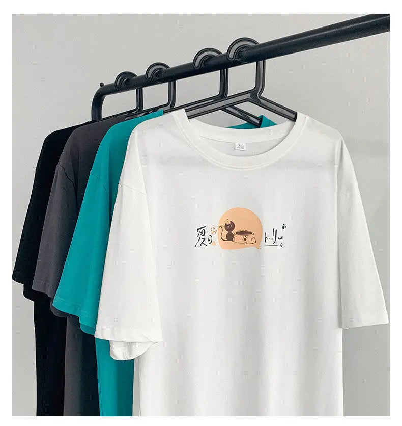Korean style fun cat print men short-sleeved T-shirt new lazy style y2k simple casual versatile salt loose half-sleeved T-shirt Street King Limited