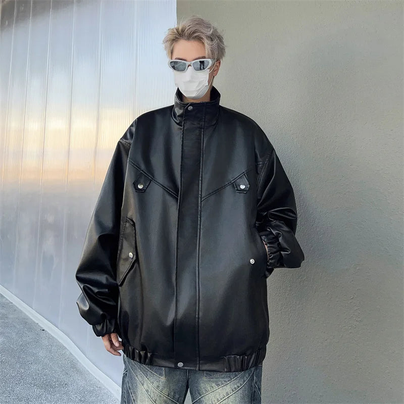 spring autumn vintage cool soft pu leather moto jacket men luxury designer clothes motorcycle trendy jacket with pockets clean everyday pants
