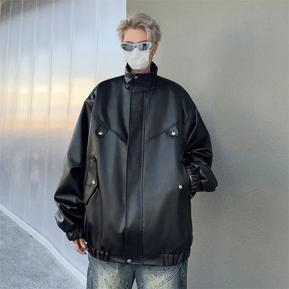 spring autumn vintage cool soft pu leather moto jacket men luxury designer clothes motorcycle trendy jacket with pockets clean everyday pants