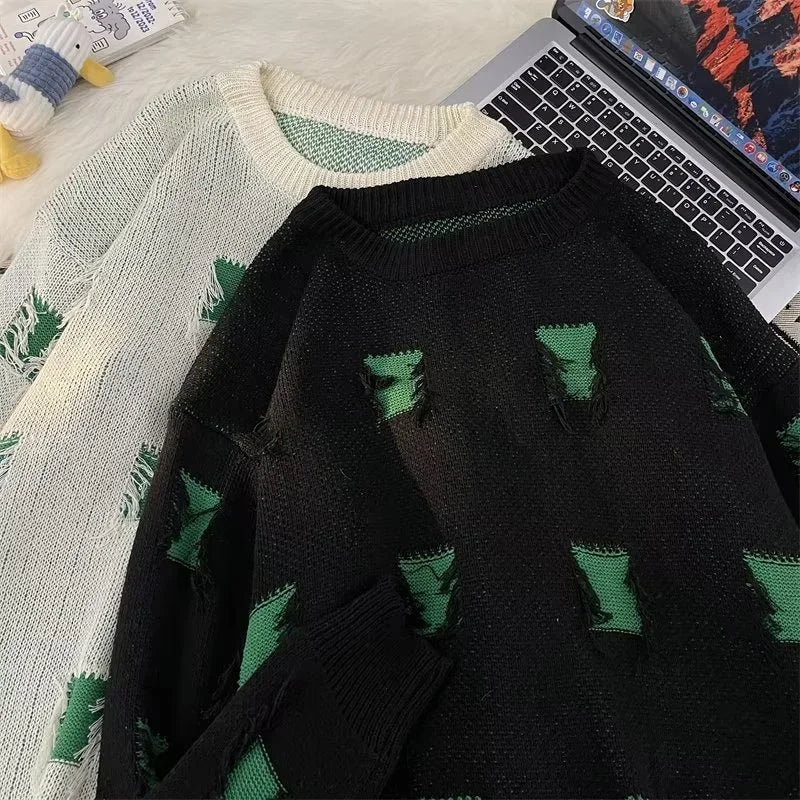 2025 New Ripped Design Crewneck Sweater For Men High Street Patchwork Knitted Jumpers Y2K Vintage Christmas Knitwear Pullovers Street King Limited