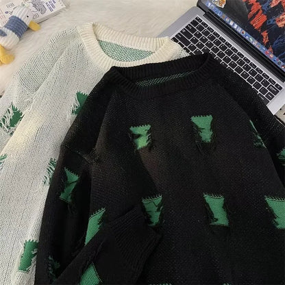 2025 New Ripped Design Crewneck Sweater For Men High Street Patchwork Knitted Jumpers Y2K Vintage Christmas Knitwear Pullovers Street King Limited