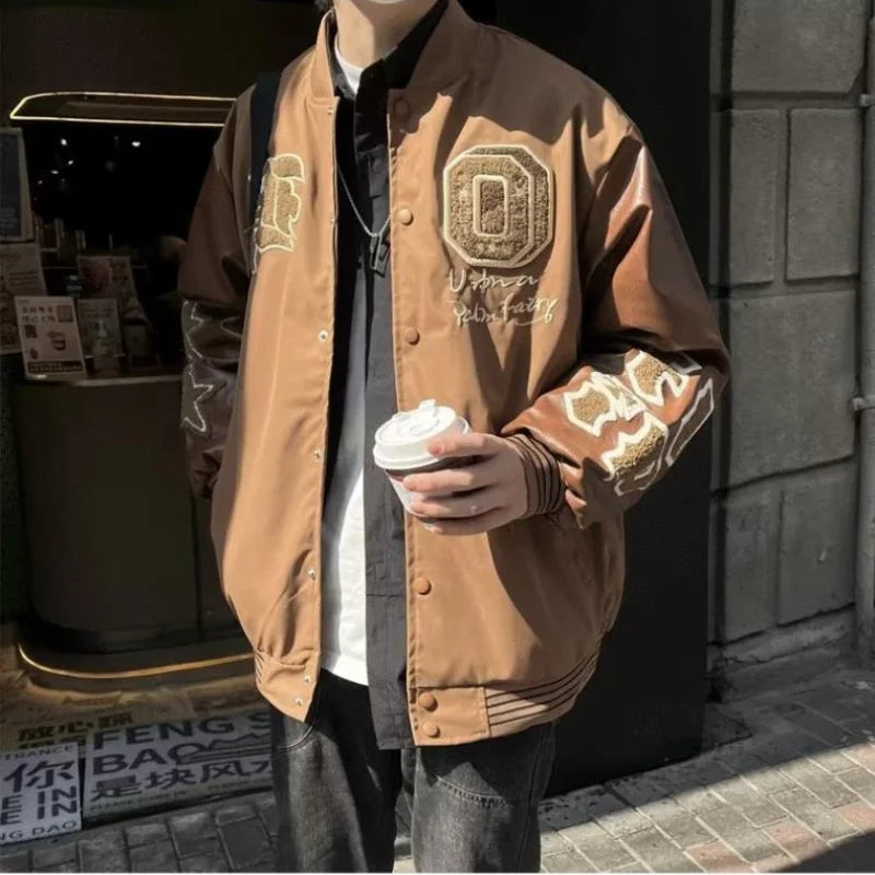 american retro mens baseball uniform street harajuku patchwork leather loose jackets color block towel embroidery trend coats urban fashion pants