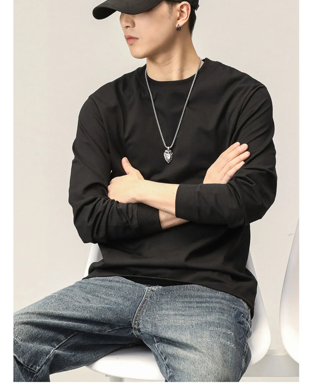 Cotton Long-Sleeved T-Shirt Men's Spring And Autumn Basic Solid Color Inner Loose Sweatshirt Men's White Bottoming Shirt Street King Limited