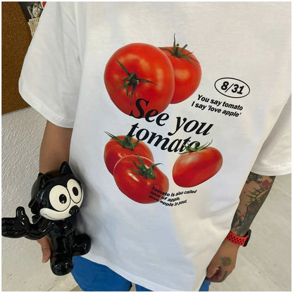 Tomato print pure cotton short-sleeved T-shirt, fun and cute men and women niche fashion brand Korean style college style top Street King Limited