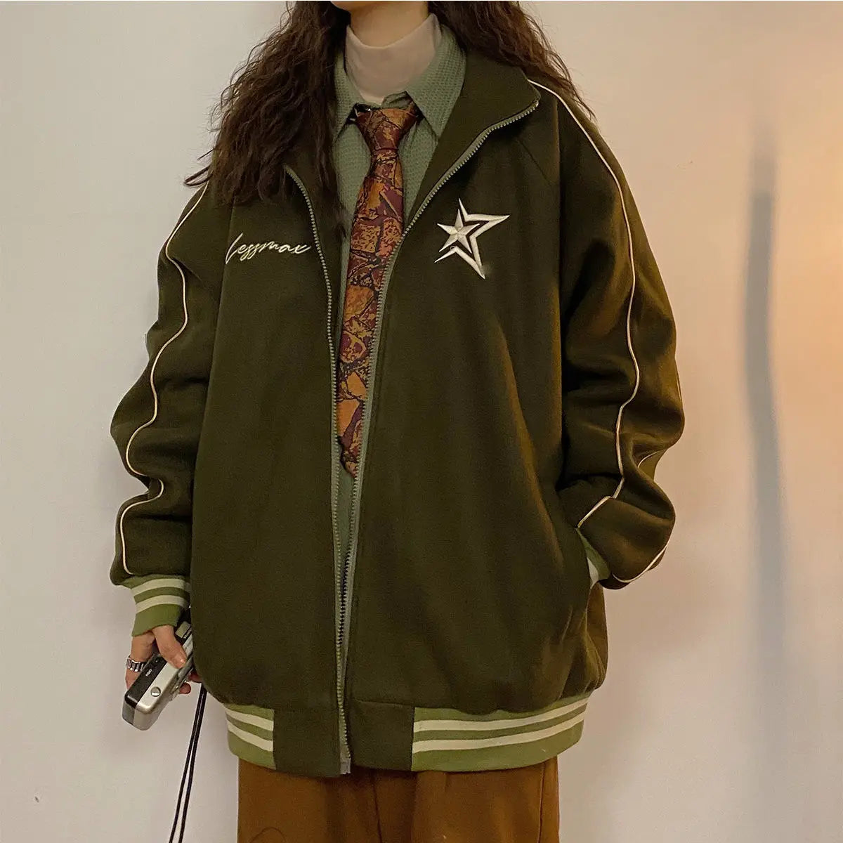 Autumn and winter new Korean star stand collar jacket y2k vintage loose embroidery plush thickened sportswear clothes women Street King Limited
