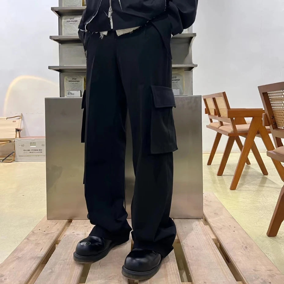 ribbons multi pockets straight black cargo drape pants for men y2k streetwear casual baggy overalls oversized casual trousers baggy cargo bottoms