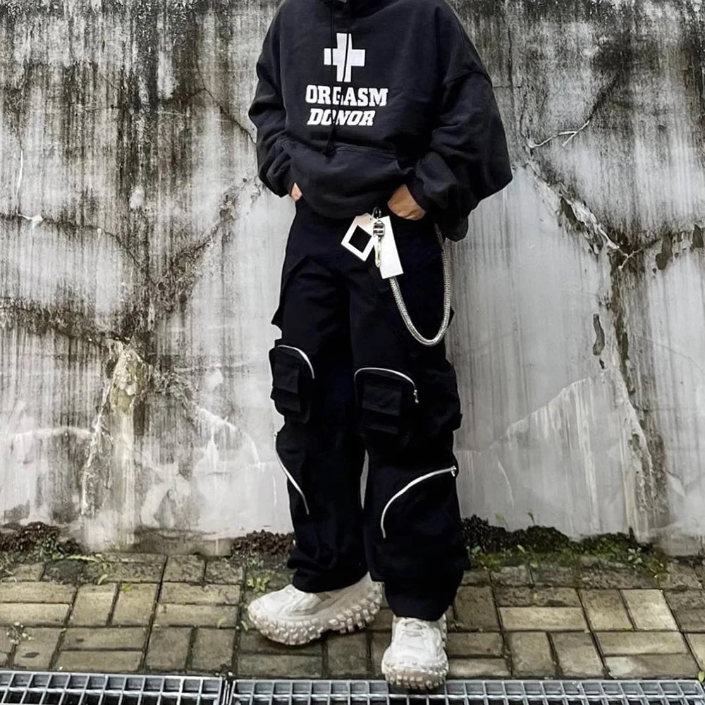high street multi pokcets functional wide leg cargo pants unisex black straight baggy y2k overalls oversized loose trousers unique cargo style 426