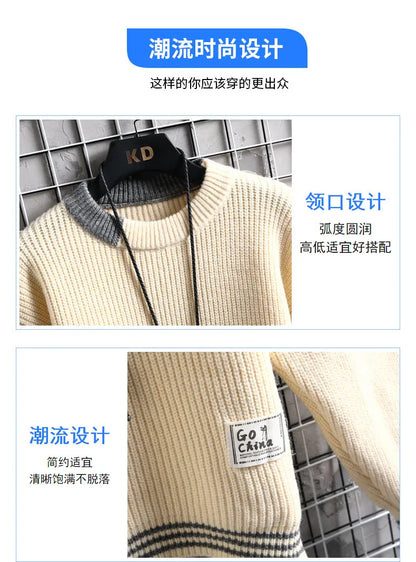 Autumn Winter Men Sweater Warm Top New Fashion Stitching Color Matching Pullover Round Neck Sweater Thickened Knitted Sweater Street King Limited