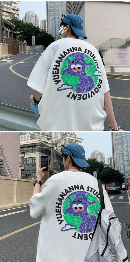 Pure cotton T-shirt men's new loose oversize short top summer tight Hong Kong style round neck American ins short sleeves tops Street King Limited