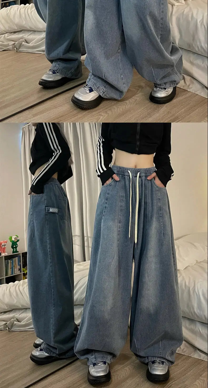american retro trend personalized elastic band straight leg jeans for men and women loose and wide leg floor length casual pants unique jeans style 4534
