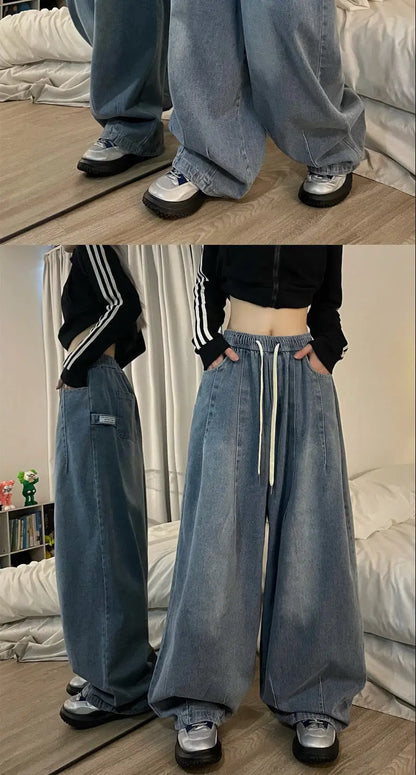 american retro trend personalized elastic band straight leg jeans for men and women loose and wide leg floor length casual pants unique jeans style 4534