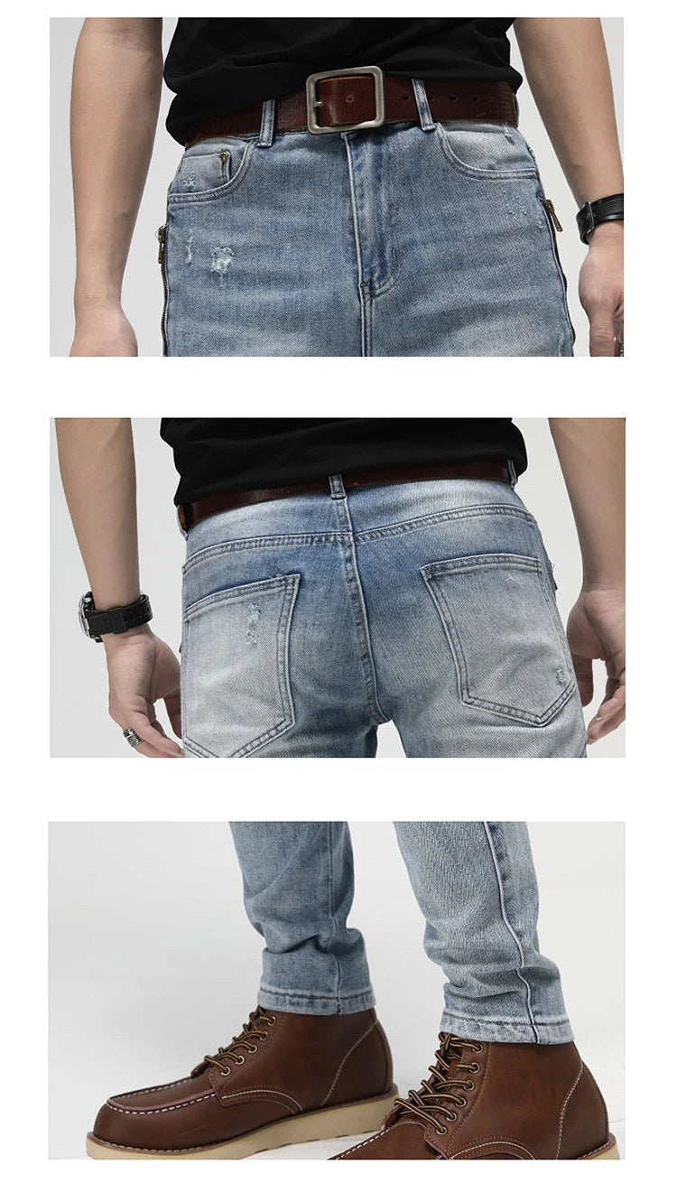 knee zipper patchwork pleated skinny denim jeans men casual slim biker trousers jeans fashion streetwear hip hop pants joggers unique joggers style 126