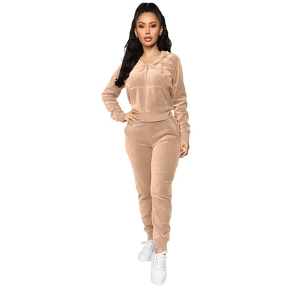 Women's Velvet Hooded Zipper Sweater Elastic Waist Trousers Two-piece Set Fashion Personality Trend Clothing Two-piece Slim Suit Street King Limited