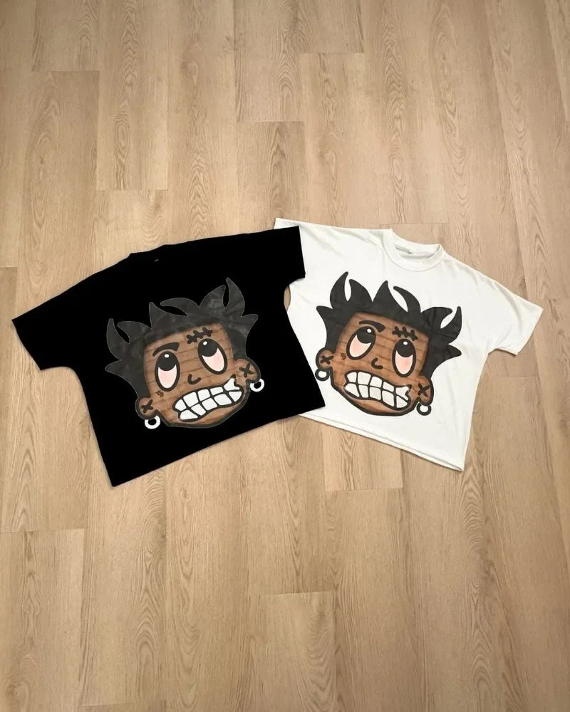 2024 High Street Hip-hop Retro Anime Print Short-sleeved Summer Street Cotton Round Neck Top Men Y2k Casual Oversized T-shirt Street King Limited