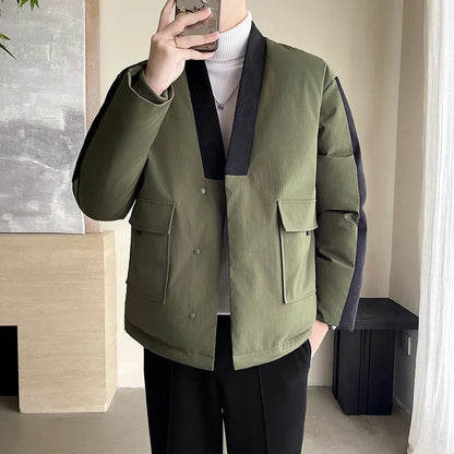 2024 Winter Collarless Cotton-padded Jacket Men Japanese Korean Fashion Loose Casual Thicken Warm Parkas Jacket Cityboy Coat Street King Limited