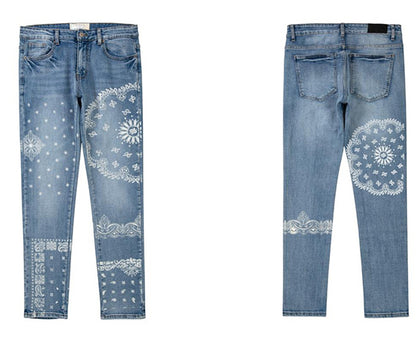 mens high street paisley print denim jeans casual hip hop distressed jeans slim fit skinny denim pants joggers streetwear men unique joggers style 271