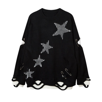 2023 Hip Hop Knitted Sweater Streetwear Star Graphic Distressed Ripped Pullover Men Harajuku Casual Knitwear Unisex Punk Street King Limited