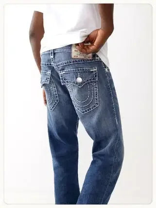 true religion vintage hip hop street leisure denim pants y2k gothic fashion embroidered straight leg wide leg jeans men clothing unique jeans style 3769