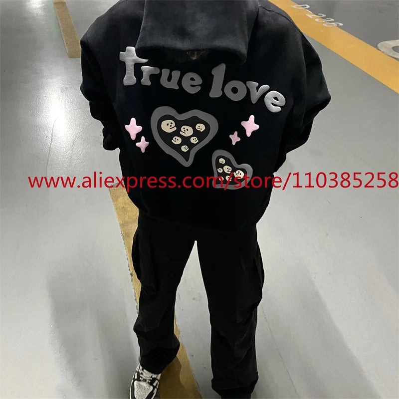 Autumn and Winter American Heavyweight Vintage Long Sleeved Fleece Hooded Sweatshirt Oversize 3D Letter Love Little Ghost Print Street King Limited