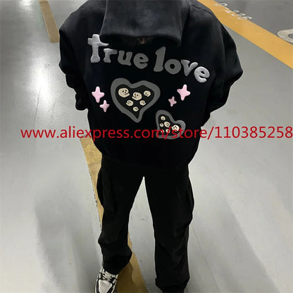Autumn and Winter American Heavyweight Vintage Long Sleeved Fleece Hooded Sweatshirt Oversize 3D Letter Love Little Ghost Print Street King Limited
