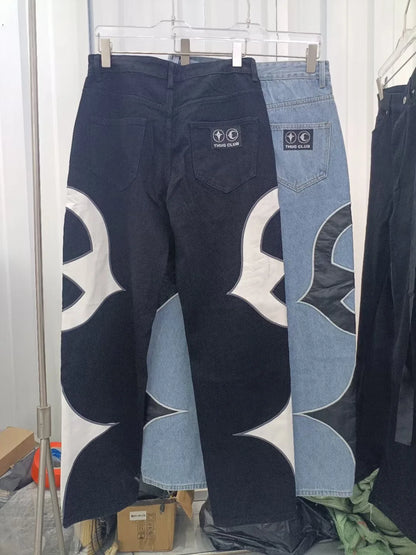 letter embroidery pu leaher patchwork baggy y2k jeans mens streetwear straight oversized denim trousers unisex cargo pants unique cargo style 110