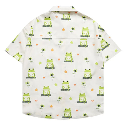 Men Shirts Frog Flower Print Cute Clothing Button Stylish Casual Tops Hawaiian Holiday Tops Unisex Summer New Style Street King Limited