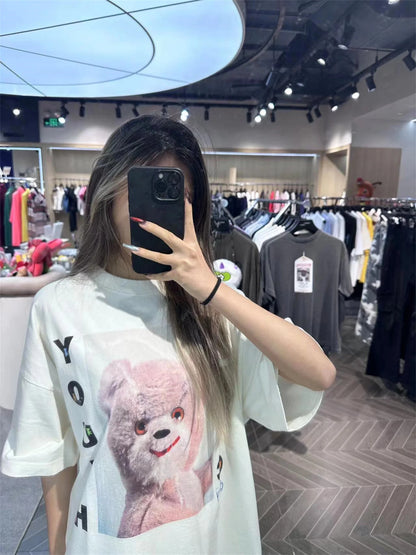 Vintage Summer Pink Rock bear Cartoon Distressed Cotton Casual T-Shirt Tops Street King Limited