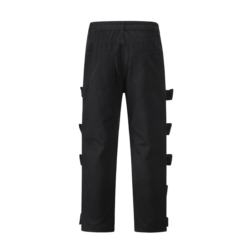 high street magic tape solid color straight jeans cargo pants mens retro harajuku vibe style baggy casual denim trousersrs combat utility trousers