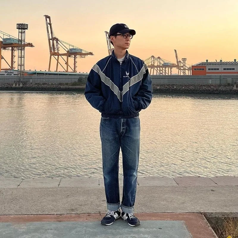 american cargo jacket mens college flight training quick drying color block bomber coat couple high street motorcycle outwear unique cargo style 1794