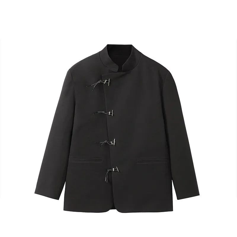 men fashion streetwear vintage stand collar loose casual black suit blazer jacket couple spring autumn coat outerwear unique default style 810