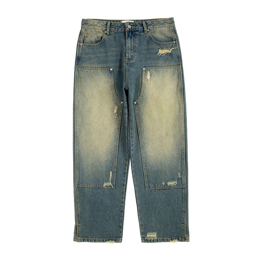 vintage washed hole oversize wide leg logging jeans for mens blue spray painted straight mopping pants baggy wide denim trousers urban skinny jeans