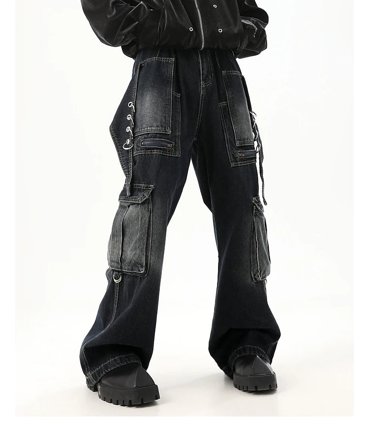 fashion punk rings streetwear loose pants unisex casual multiple pockets wide legs jean pants hip hop joggers men baggy jeans unique joggers style 493