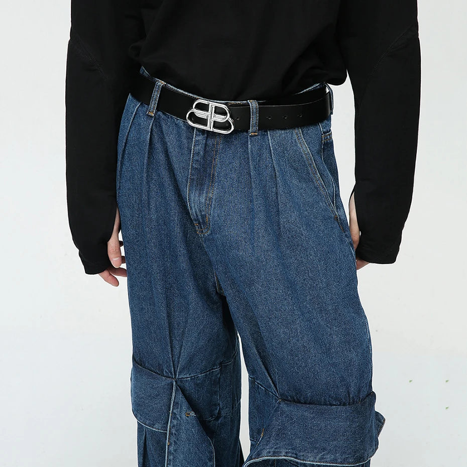 men fashion baggy jeans irregular patchwork loose straight denim pants 2023 new man blue casual oversized jeans trouser vintage washed jeans