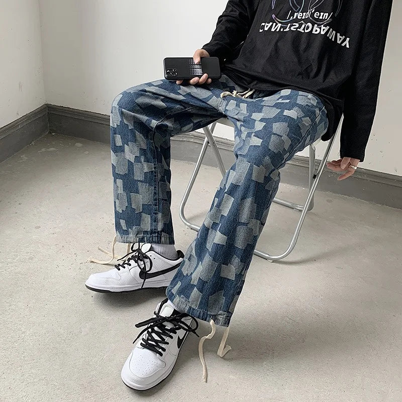 american plaid straight jeans mens casual streetwear printed denim pants autumn baggy classic wide leg retro y2k jean trousers unique jeans style 896