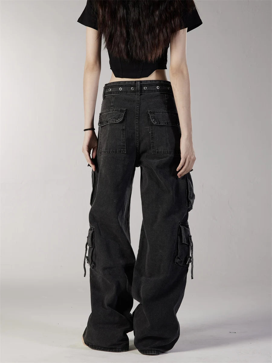 fashion loose streetwear cargo denim jeans unisex casual multi pocket straight jean pants with belt hip hop joggers baggy jeans unique joggers style 2705