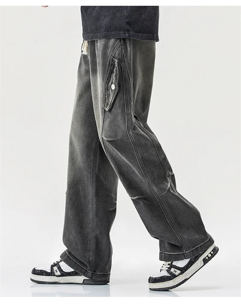 2025 new hip hop multi pockets straight jeans for men high street cargo denim pants spring y2k vintage distressed baggy jean unique cargo style 3370