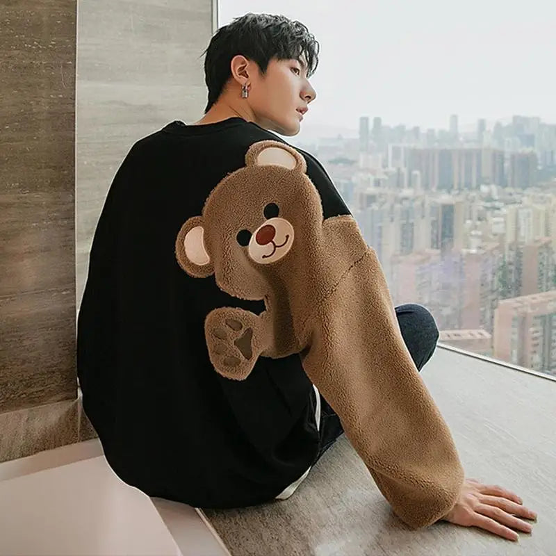 Long-sleeved Round Neck Sweater Lamb Hair Embroidery Flocking Sweater Loose Warm Winter Men's Bear Street King Limited