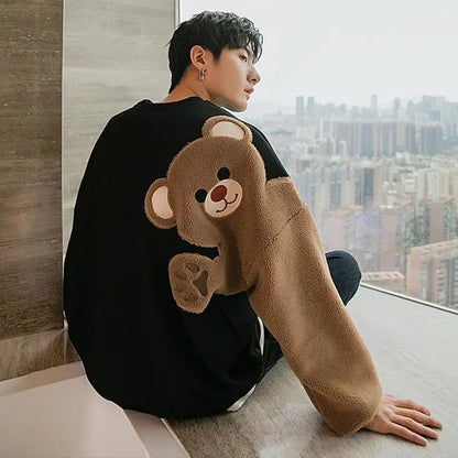 Long-sleeved Round Neck Sweater Lamb Hair Embroidery Flocking Sweater Loose Warm Winter Men's Bear Street King Limited