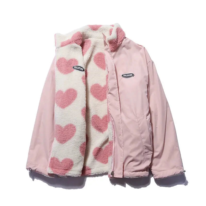 2024 autumn and winter new love lambswool cotton padded jacket double sided collar jacket couple loose jacket warm jacket y2k unique default style 4208