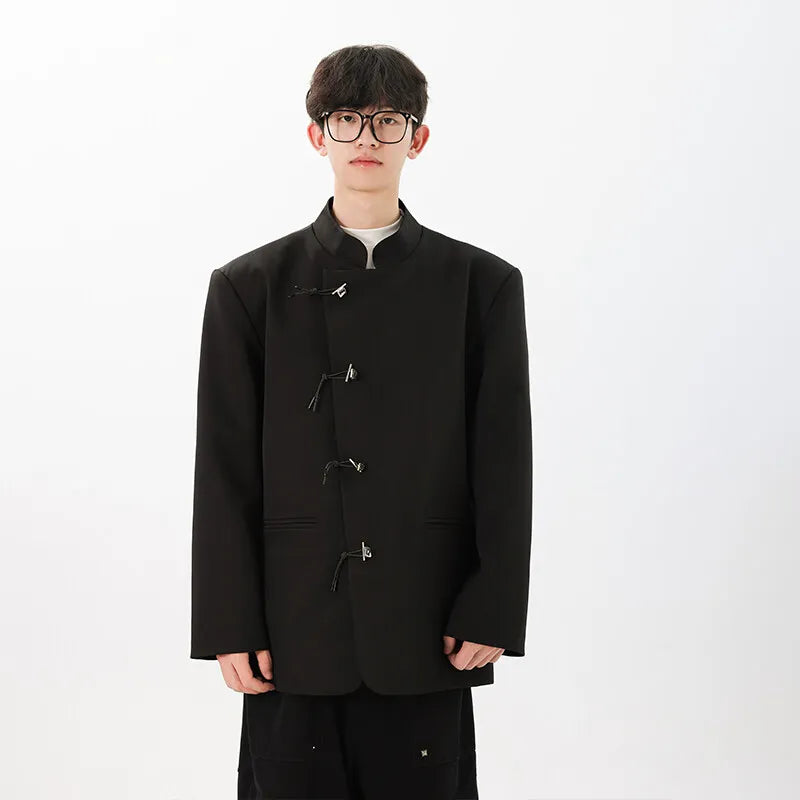 men fashion streetwear vintage stand collar loose casual black suit blazer jacket couple spring autumn coat outerwear relaxed fit trousers