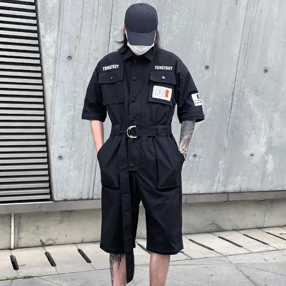 2023 autumn street short sleeve american jumpsuit mens jumpsuit suit motorcycle removable pants hip hop leg pants drawstring street shorts